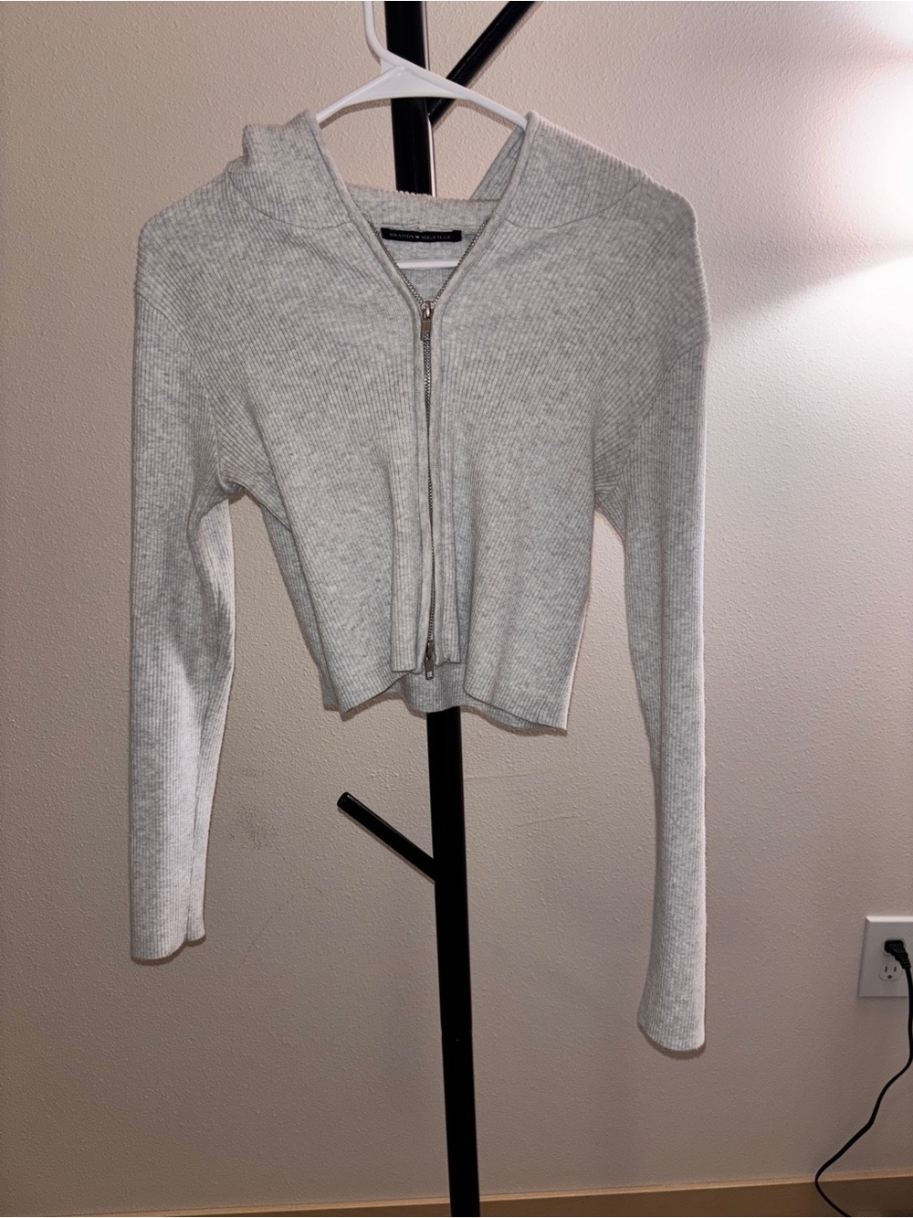 Brandy Light Gray cropped Ribbed Zip-Up Hoodie